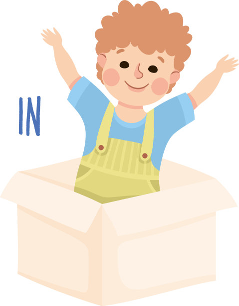 小男孩坐在纸板箱里做介词图片下载