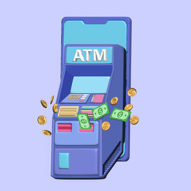 ATM机在移动端提供在线支付、自动取款机、转账、金融交易等数字金融服务。下落的钱在移动ATM 3d渲染插图。图片下载