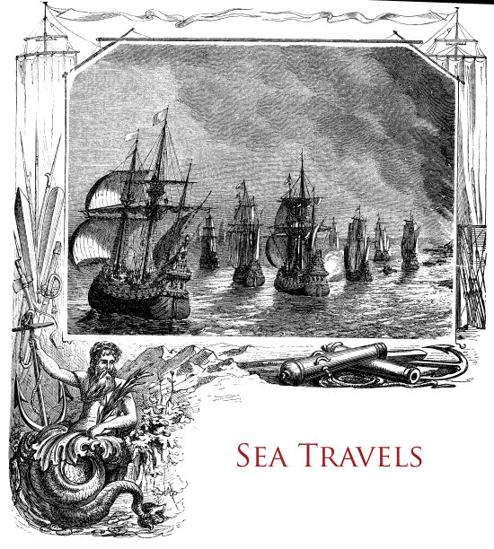 关于海上旅行的一章的印刷卷首画，装饰着一支武装大帆船舰队和神话人物海王星图片下载