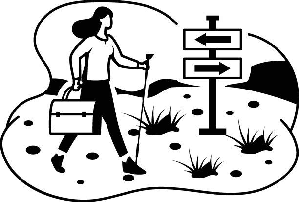 女孩徒步黑山概念，背包客或旅游女孩在路上矢量颜色图标设计，户外周末活动符号，旅游假日场景标志，放松人在假期股票图片下载