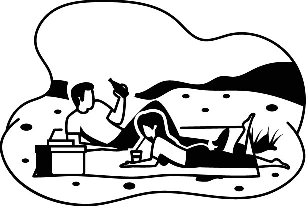 夫妻有乐趣，野营的概念，女孩和男孩享受饮料在野餐矢量颜色图标设计，户外周末活动符号，旅游度假场景标志，放松的人在假期股票图片下载