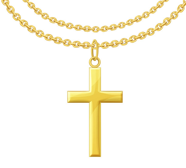 金色十字架与链矢量图标孤立在白色背景，黄金金属项链插图，宗教珠宝的象征图片下载