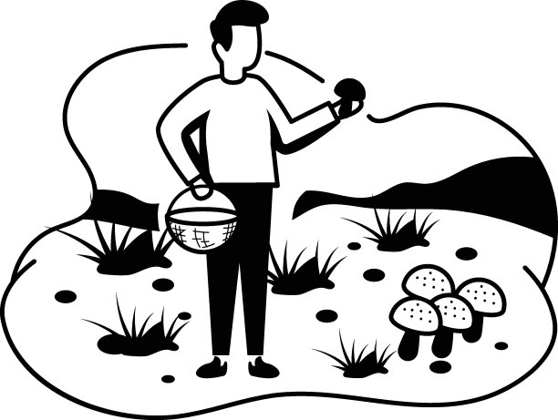 游客采摘花园概念蘑菇，秋季采摘鸡油菌菌载体图标设计，户外周末活动符号，旅游度假场景标识，度假放松人库存图片下载