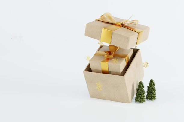 礼物放在礼品盒里，背景很亮，还有一棵小圣诞树和雪花。图片下载