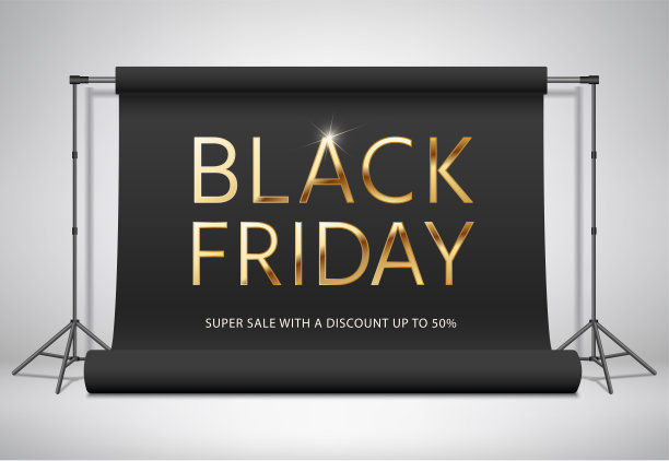 黑色星期五大减价。特殊的价格。矢量销售横幅。空荡荡的照相馆。金色文字的优质设计。折扣高达50%。图片下载