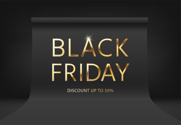 黑色星期五大减价。特殊的价格。矢量销售横幅。空荡荡的照相馆。金色文字的优质设计。折扣高达50%。图片下载