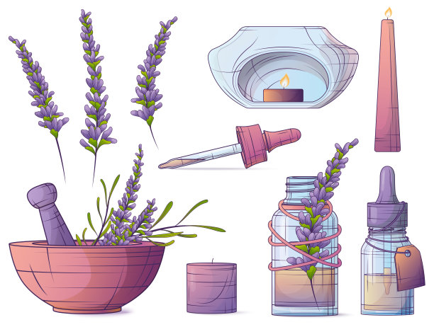 一组矢量插图的香薰元素。薰衣草精油。图片下载