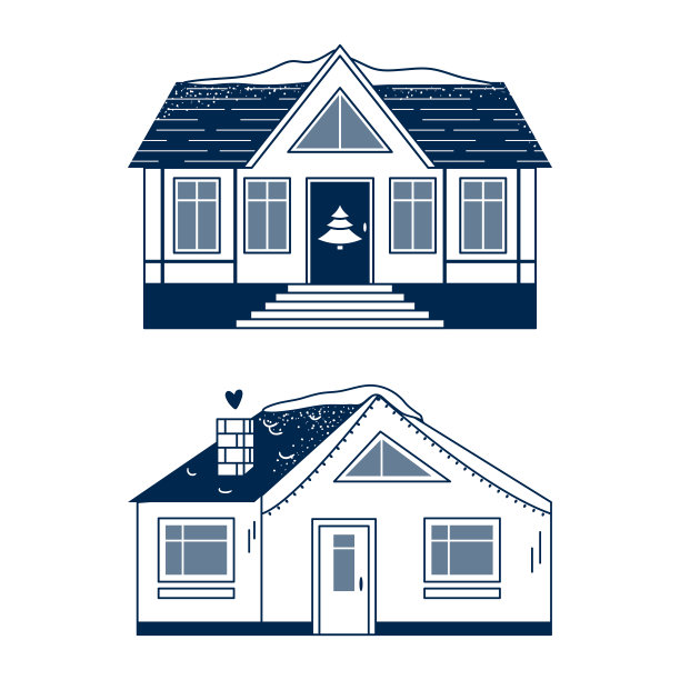 一套线艺术冬季房屋孤立在白色背景。圣诞假期。图片下载