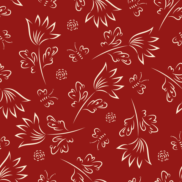 野生草地花和蝴蝶无缝矢量图案背景。散落的花和蝴蝶白红色的背景。多色调绘画植物轮廓设计。节日花园花卉图片下载