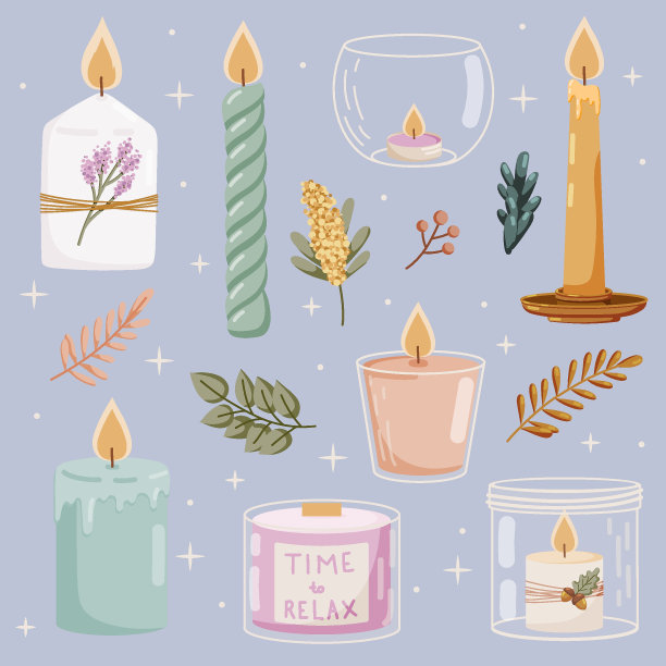 香味蜡烛，一套独立的项目与装饰树枝，矢量插图，平面手绘风格图片下载