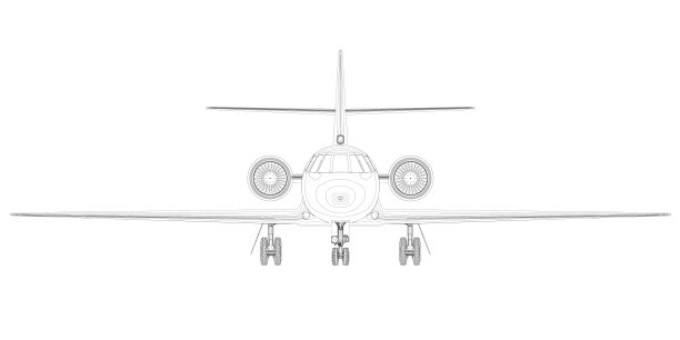 白色背景上的黑色线条勾勒出一架客机的轮廓。前视图。3 d。矢量插图。图片下载