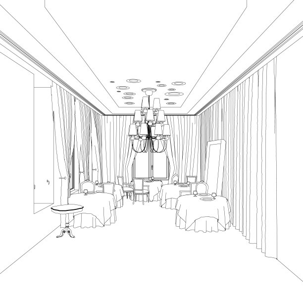 餐厅内部轮廓与摆放桌子的复古风格从黑色线孤立在白色背景。3 d。矢量插图。图片下载