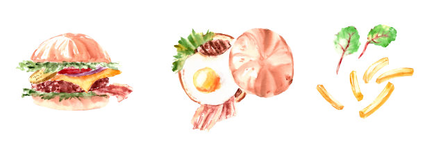 汉堡水彩插图与蔬菜片图片下载