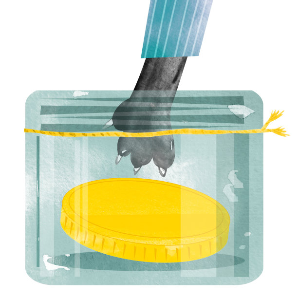 一只猫的黑色爪子伸向蓝色玻璃罐中的金币水彩插图图片下载