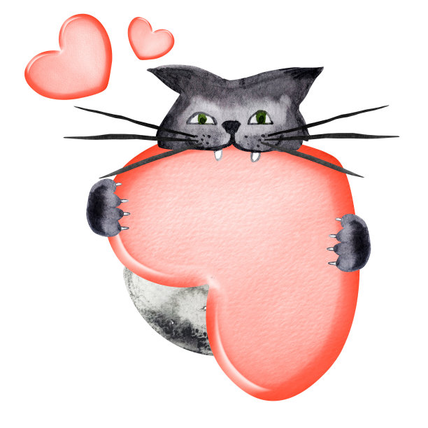 黑猫咬了一颗巨大的心，用爪子抱着它，水彩插画明信片图片下载