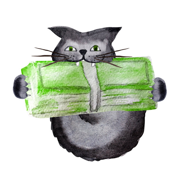 猫咬钞票，用爪子抓住它们水彩画的明信片图片下载