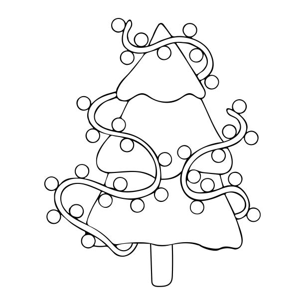 用花环装饰的彩色圣诞树。云杉,松树。手绘矢量线艺术冬季插画。儿童和成人的涂色书。黑白素描。图片下载