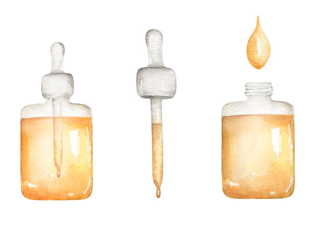 Spa插画套装。浴室配件。天然化妆品，油剪纸套装。油价下降。手绘水彩插图图片下载