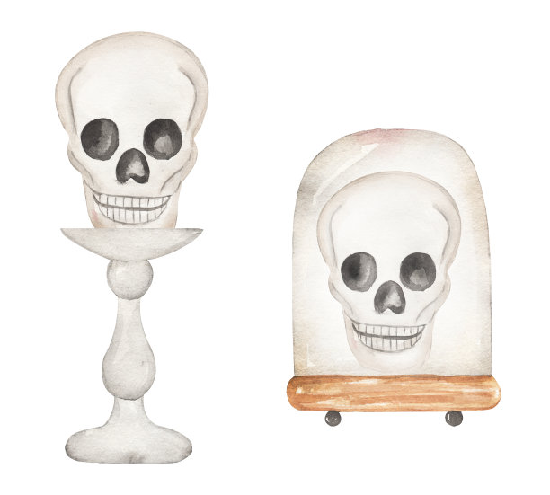 水彩手绘万圣节头骨剪贴画集，秋季恐怖派对插画图片下载