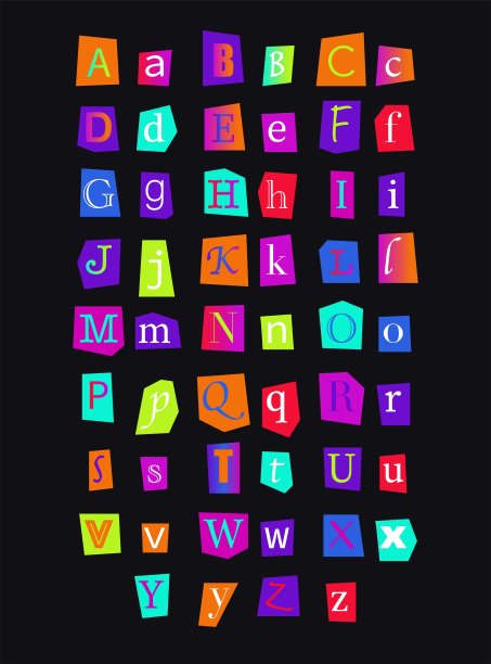 剪纸风格的英文字母。背景上有锯齿状边缘的彩色字母。霓虹色，90年代复古风格。矢量插图。图片下载