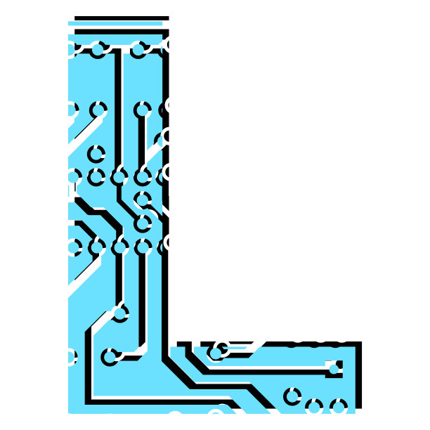 拉丁数字字母L穿孔PCB电路板轨道隔离在白色。现代数字世界标题的彩色大写首字母。设计元素。图片下载