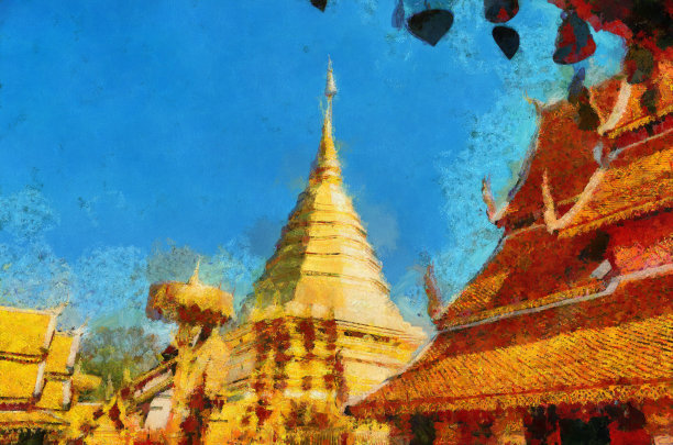 泰国清迈素贴寺插图创造了印象派风格的绘画。图片下载