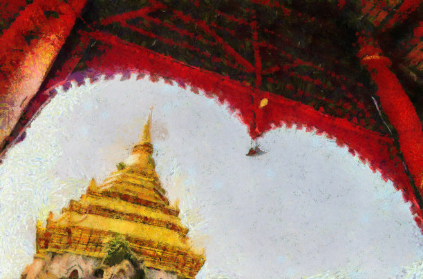 泰国北部的古代寺庙、艺术和建筑风格的插图创造了印象派的绘画风格。图片下载