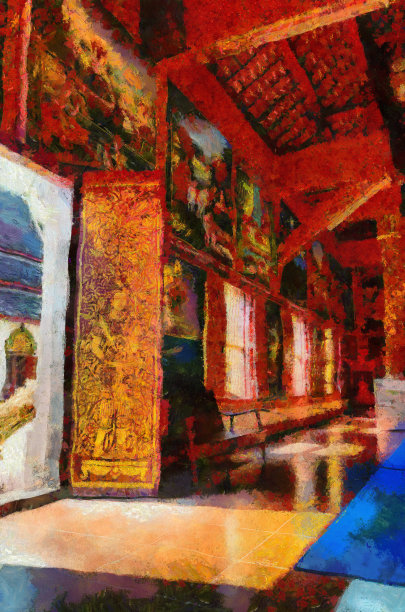 泰国北部的古代寺庙、艺术和建筑风格的插图创造了印象派的绘画风格。图片下载