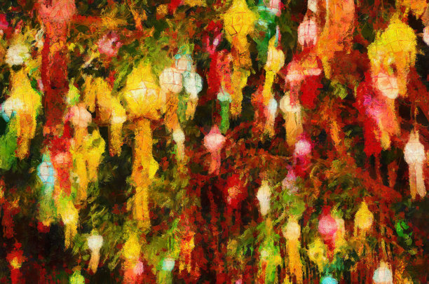 古色古香的装饰灯笼挂在夜晚，色彩鲜艳，插画创造了印象派的绘画风格。图片下载