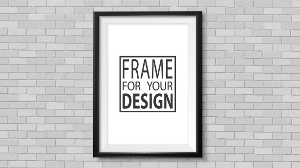 墙上的画框。相框模型。简单的空框架为您的业务设计。砖墙。矢量模板的图片，绘画，海报，字母或照片画廊。图片下载