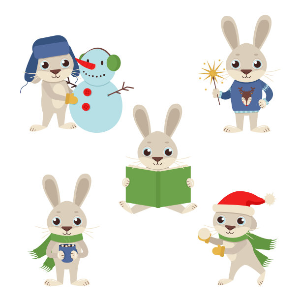 一组可爱的矢量兔或野兔。图片下载