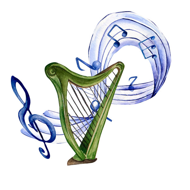 高音谱号，音符和竖琴水彩插图在白色。图片下载