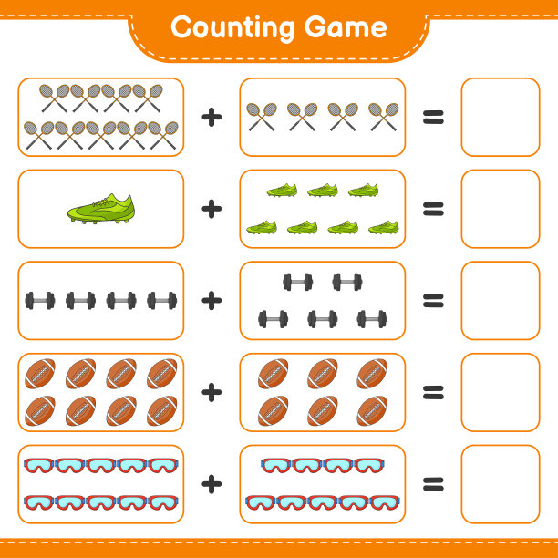 数和配对，数羽毛球拍，哑铃，橄榄球，护目镜，足球鞋的数量，并与正确的数字配对。教育儿童游戏，可打印的工作表，矢量插图图片下载
