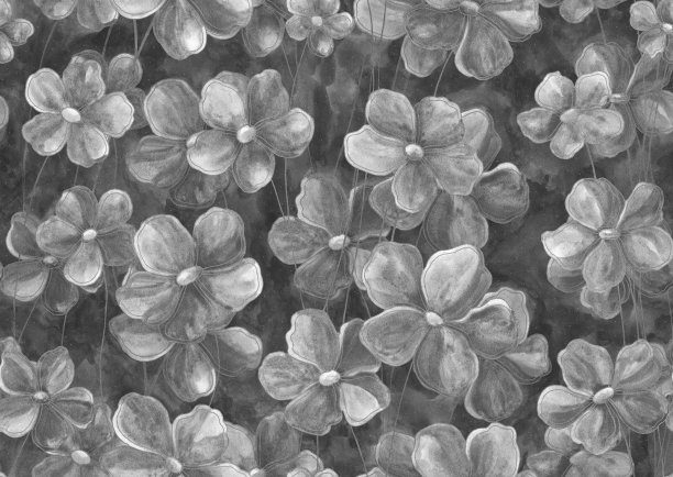 经典的黑白花无缝图案。水彩画灰色花朵与银色轮廓在深灰色纹理的背景。模板设计，纺织，墙纸，床上用品，陶瓷。图片下载