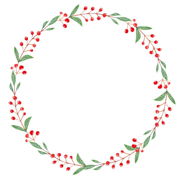 水彩节日插画，可爱的花环与红色浆果。元素隔离在白色背景上。图片下载