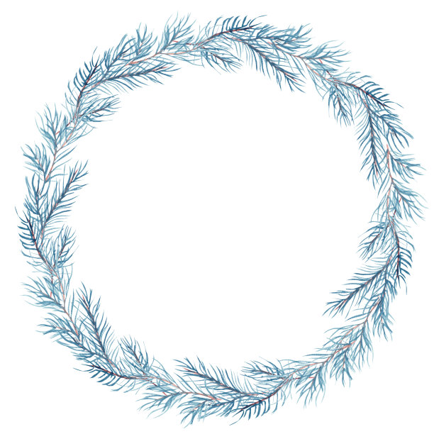 水彩节日插图，可爱的花环与蓝色冷杉。元素隔离在白色背景上图片下载