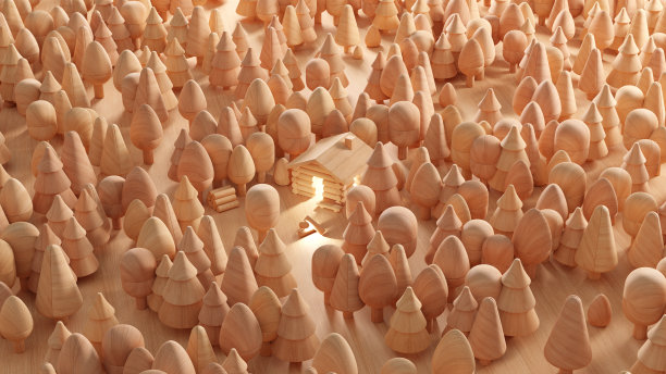 森林里小屋的木制微型模型。三维渲染图片下载