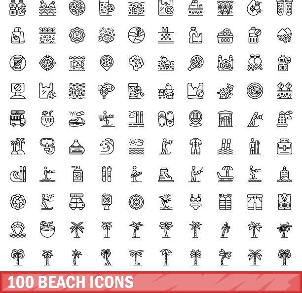 100海滩图标设置轮廓风格图片下载