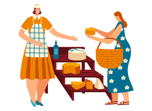 妇女从市场购买自制奶酪和葡萄酒，字符女卖家奶酪孤立在白色，平面矢量插图。图片下载