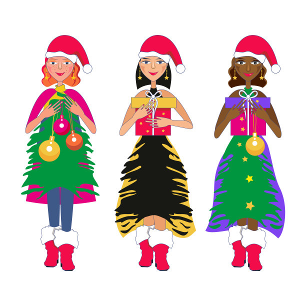 一组可爱的卡通女孩戴着圣诞老人的帽子。图片下载