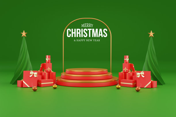 3d渲染的讲台在圣诞概念与装饰和圣诞快乐文本-红色和绿色图片下载