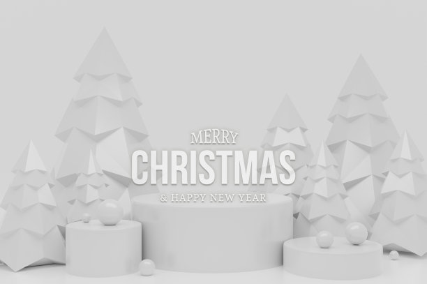 3d渲染的单色讲台在圣诞装饰和快乐圣诞文字-白色的概念图片下载