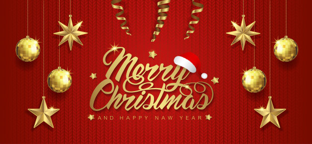 圣诞快乐和新年快乐横幅模板排版，圣诞老人帽子，闪光球，悬挂的星星和丝带装饰传单，海报，网页，横幅，和卡片矢量插图图片下载
