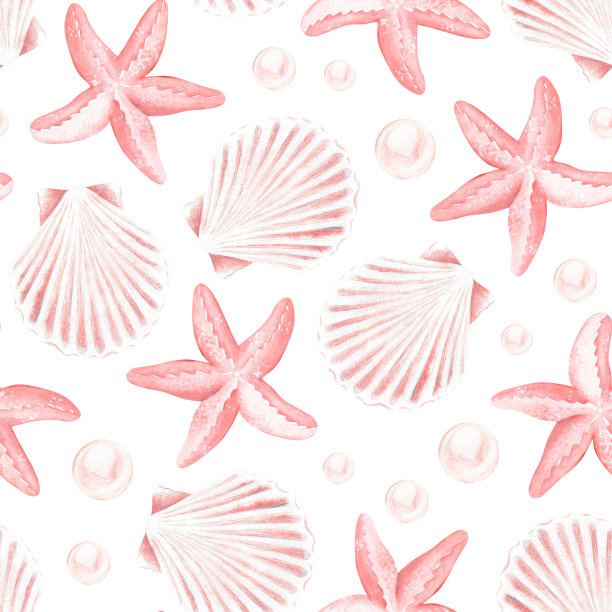 海贝与海星无缝图案。水彩插图。孤立在白色背景上。图片下载