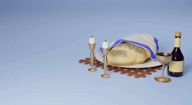 安息日，犹太人的节日。有放置文字的横幅。安息日表。面包面包，两个烛台，一瓶酒和一个玻璃杯。三维渲染图片下载