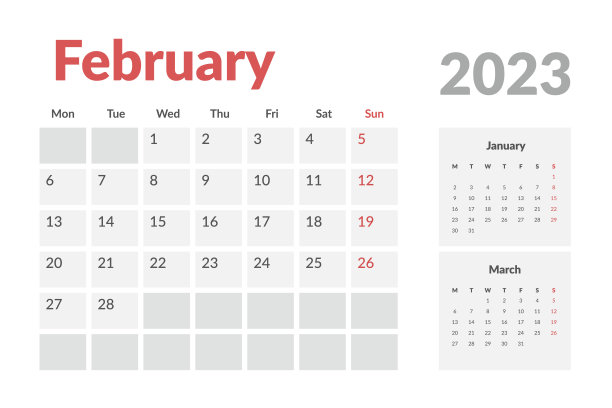 2023年2月日历模板。矢量布局简单日历与周开始星期一。图片下载