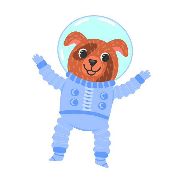 毛茸茸的小狗狗挥舞着手臂，宇航员穿着防护服和太空服。卡通矢量插图图片下载