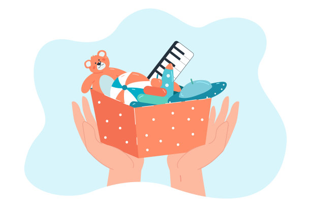 盒子与儿童玩具在人的手平面矢量插图图片下载