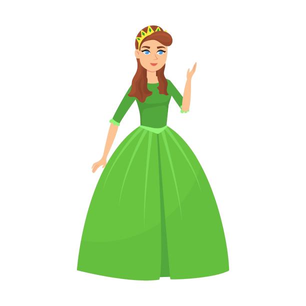 年轻美丽的公主与深色头发在绿色的连衣裙，卡通矢量插图。优雅的童话女人穿着彩色的服装和连衣裙图片下载