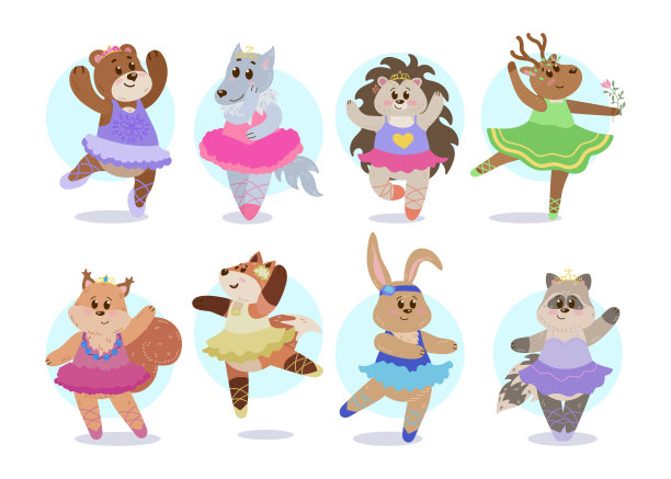 漫画野生动物作为芭蕾舞者矢量插图集图片下载